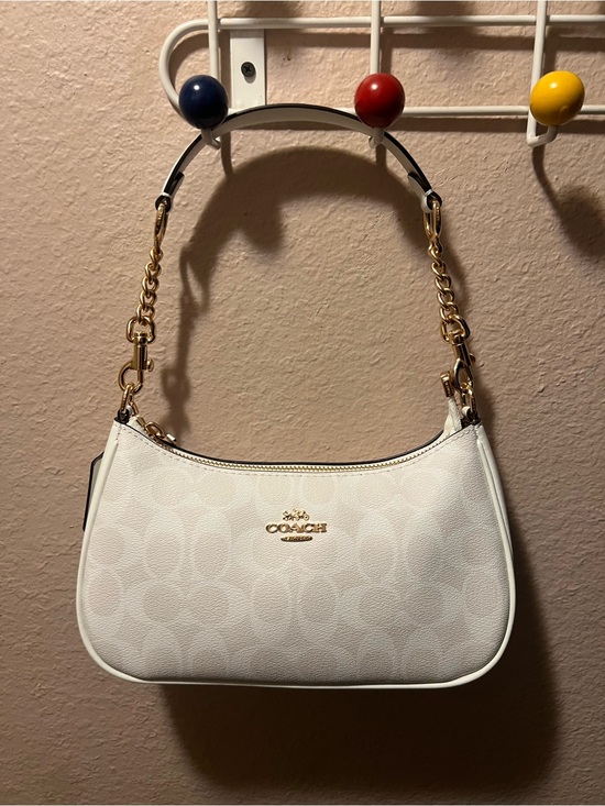 Coach Handbags - Coach White Signature Canvas Shoulder Bag with Gold Hardware